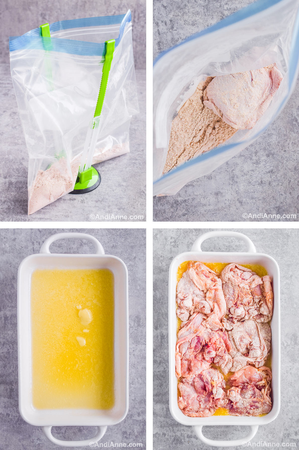 Four overhead images in one: 1. Ingredients for coating are put into a zip-top bag. 2. Ingredients are shaken and a raw chicken thigh is placed inside the bag. 3. Melted butter in the baking dish. 4. Raw chicken added skin side down into butter in baking dish. 
