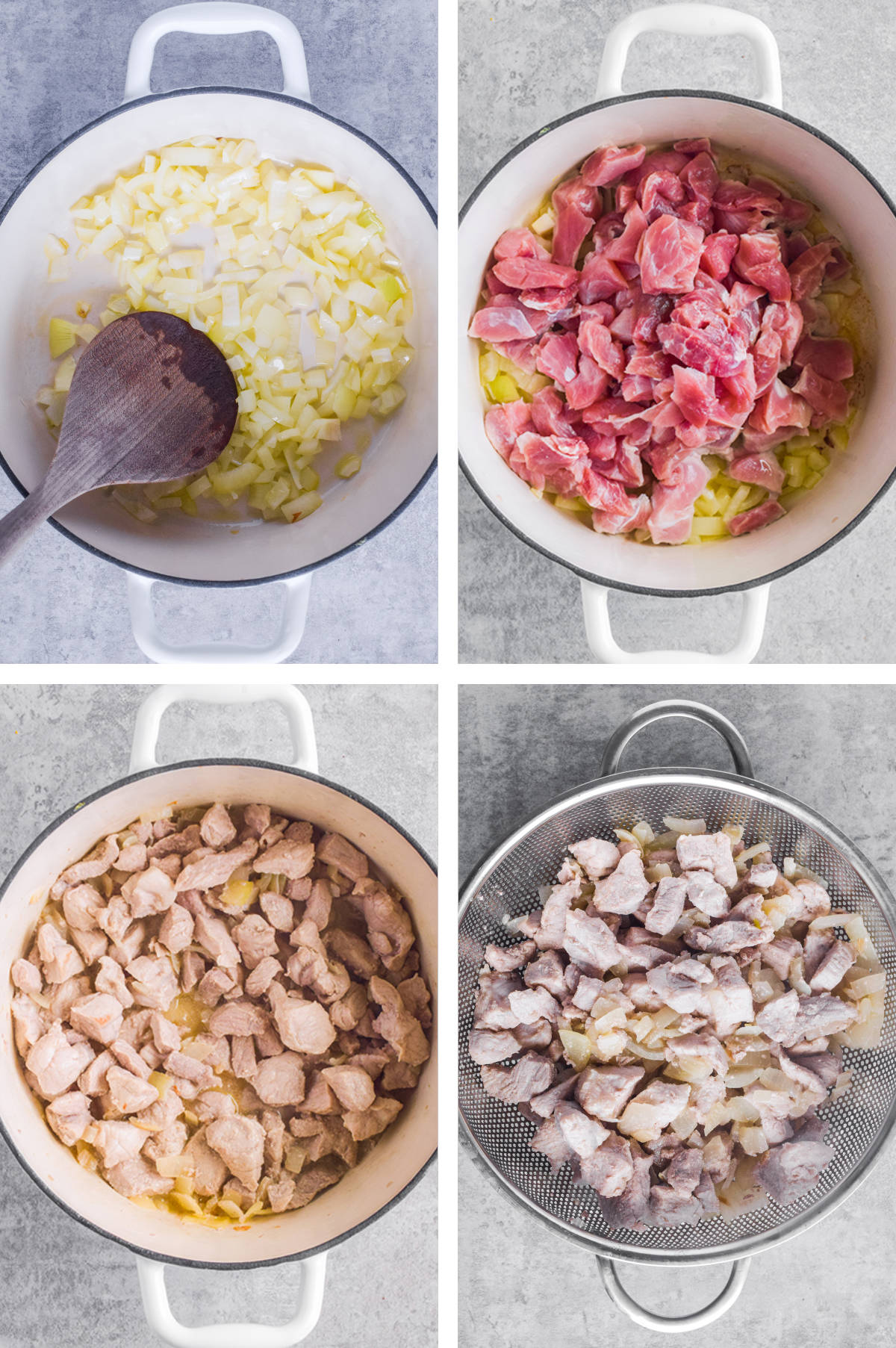 Four overhead images in one: 1. Onions in white pot. 2. Raw Pork added to pot. 3. Pork and onions cooked in pot. 4. Pork and onions in strainer. 