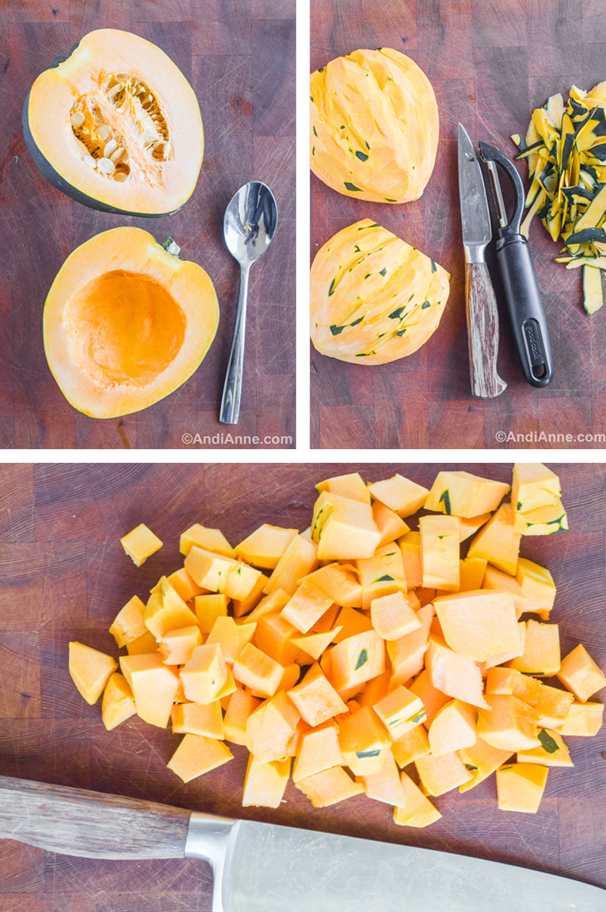 Three images showing steps to make acorn squash including squash sliced in half with seeds scooped out. Squash skin cut off with vegetable peeler and a knife. And chopped squash on the counter with a knife.