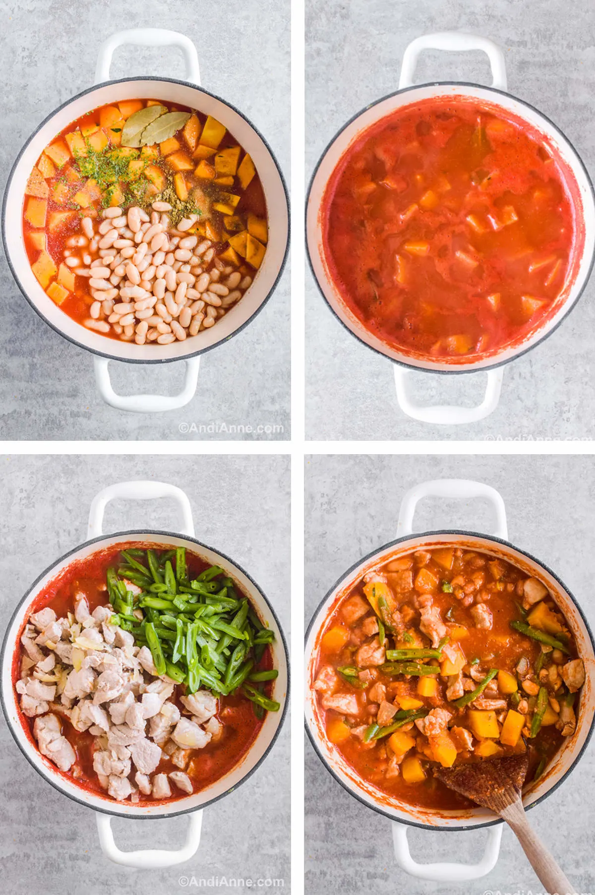 Four overhead images in one: 1. All ingredients minus pork and green beans are added to pot. 2. Ingredients are mixed. 3. Pork and green beans are added. 4. All ingredients are mixed. 