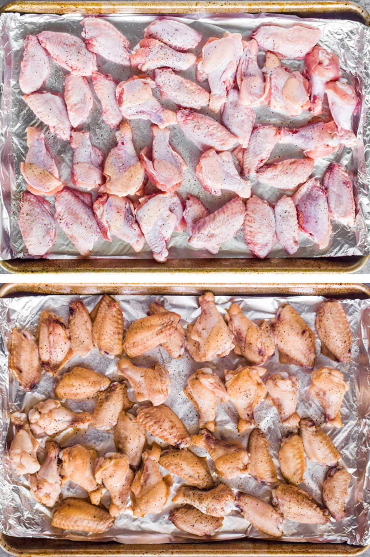 Two overhead images in one: 1. Uncooked chicken wings with salt and pepper on a baking sheet. 2. Baked chicken wings on baking sheet. 