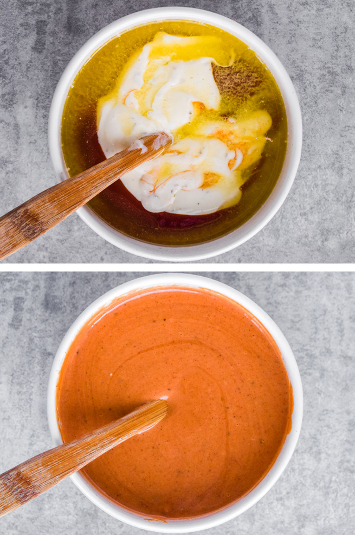 Two overhead images in one: 1. Butter, BBQ sauce, and ranch dressing added to a bowl. 2. Ingredients are mixed in bowl. 