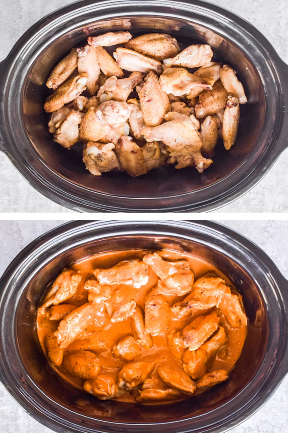 Two overhead images in one: 1. Baked chicken wings are in a slow cooker. 2. Sauce is added to the slow cooker. 