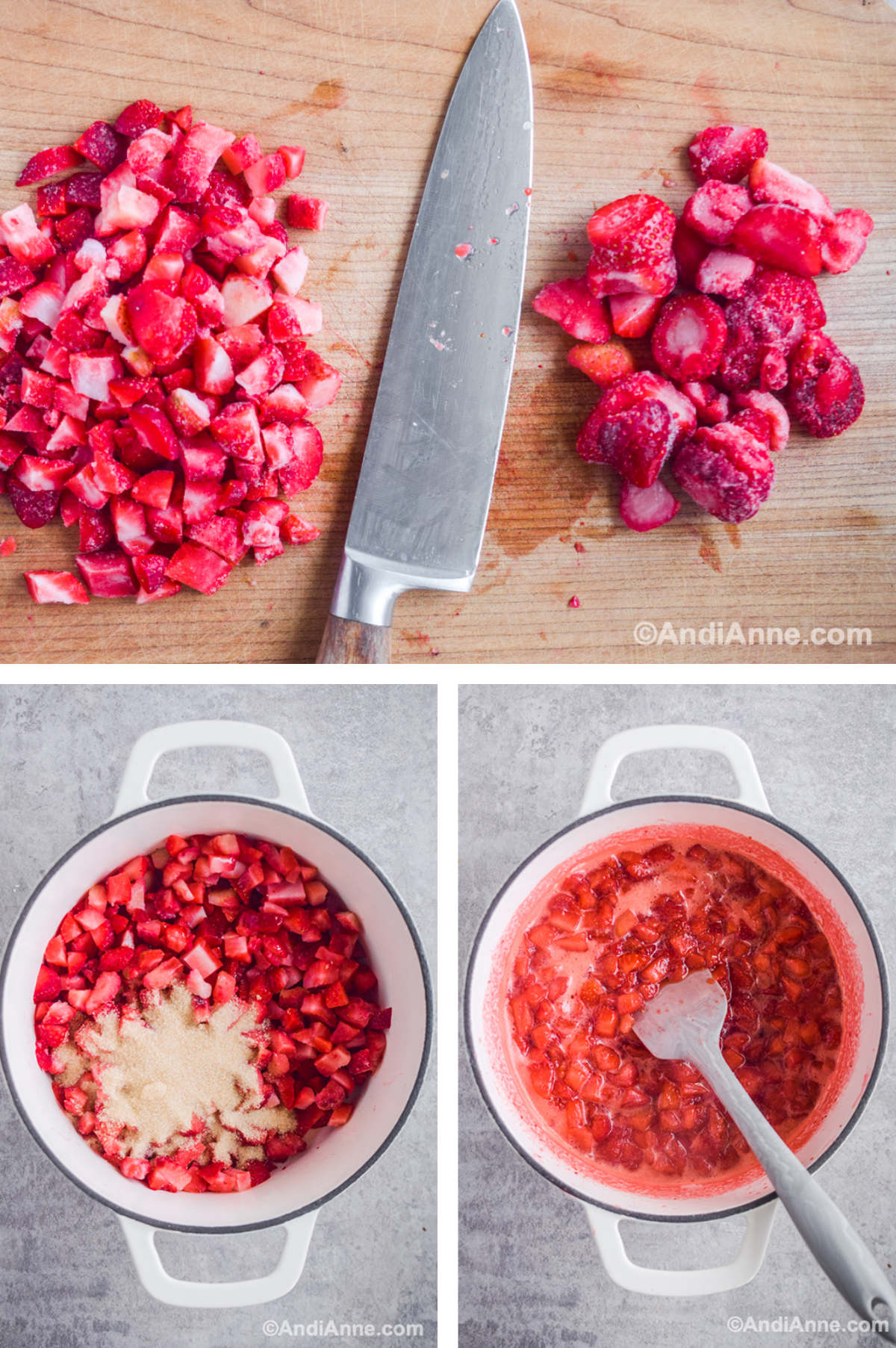 Three overhead images in one: 1. Chopped strawberries on a cutting board next to a chef's knife. 2. Chopped strawberries in a white pot with sugar. 3. Chopped strawberries in pot with lemon juice, water and sugar. 