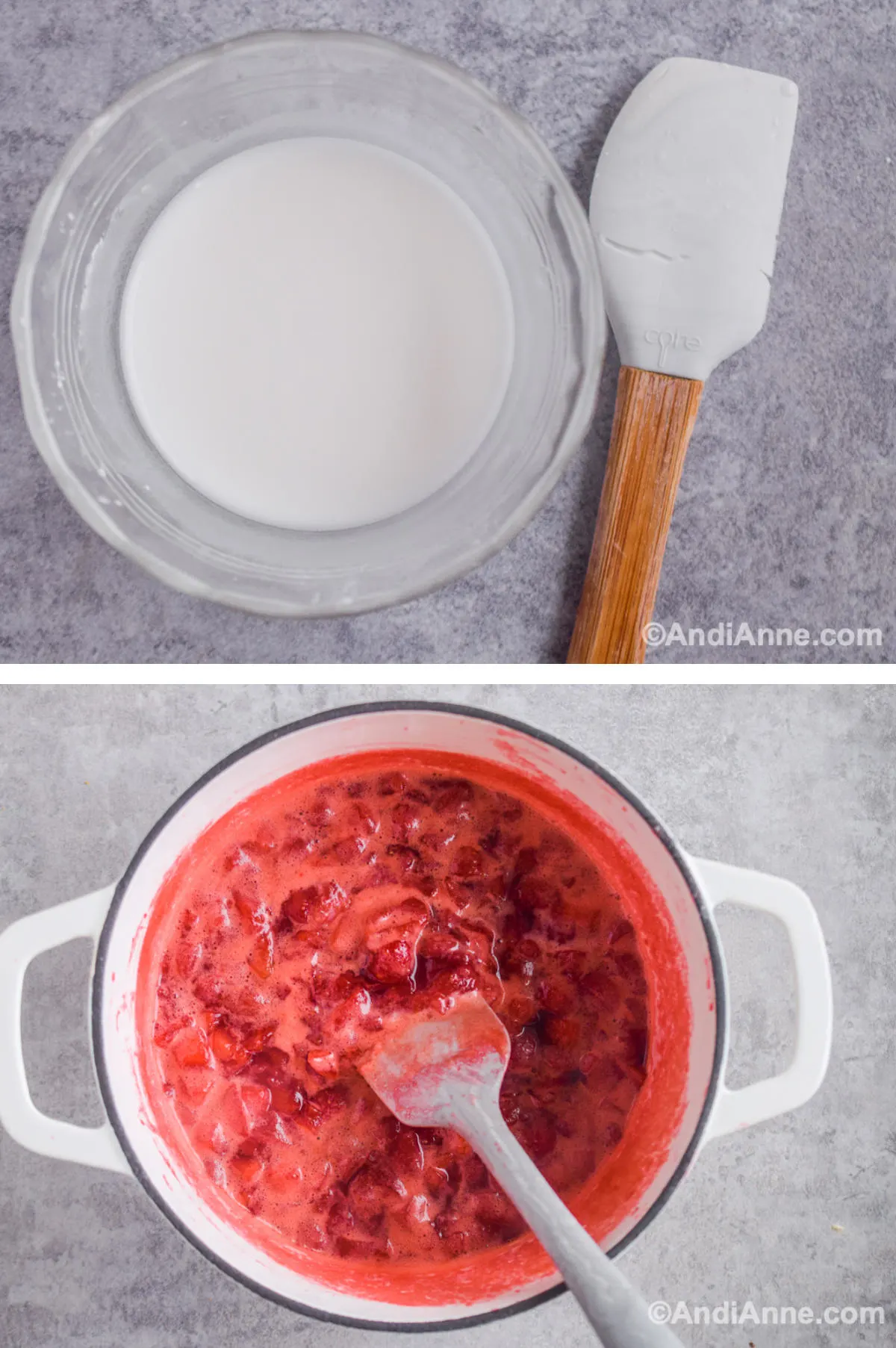 Two overhead images in one: 1. Cornstarch and water in a clear bowl. 2. Cornstarch mixture added to strawberries in pot. 