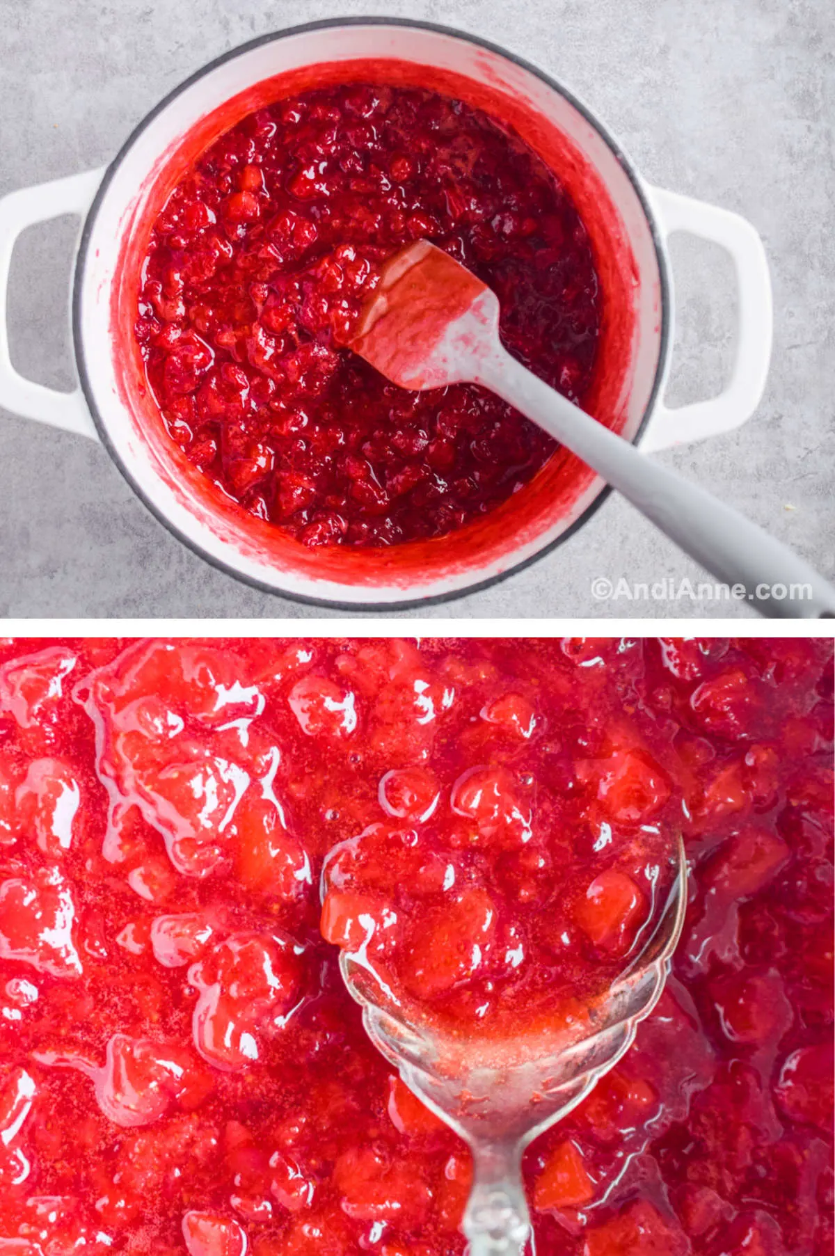 Two overhead images in one: 1. Strawberries in pot removed from. heat. 2. Closeup of finished sauce in a spoon. 