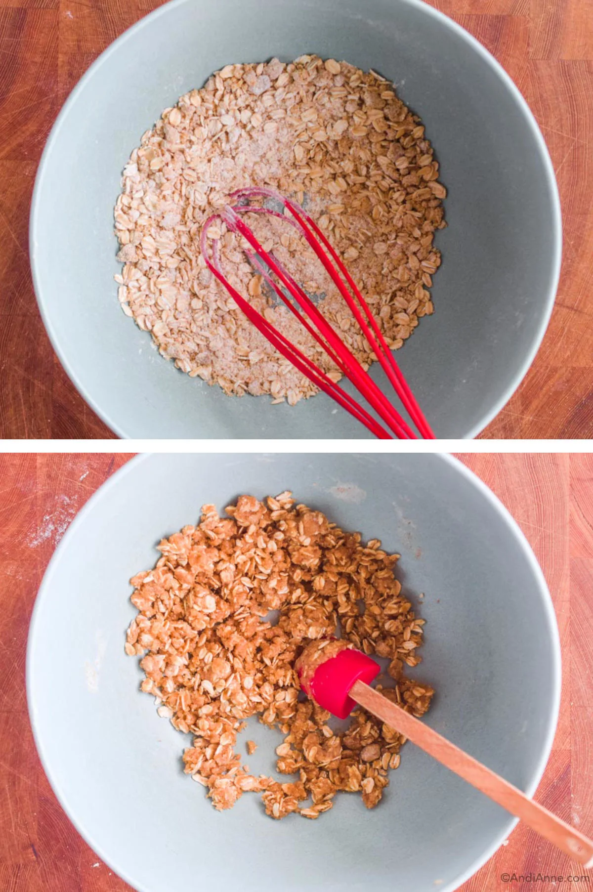 Two overhead images in one: 1. Oats, sugar and flour in a bowl with a whisk. 2. Butter is added to the mixture and mixed with a small spatula. 