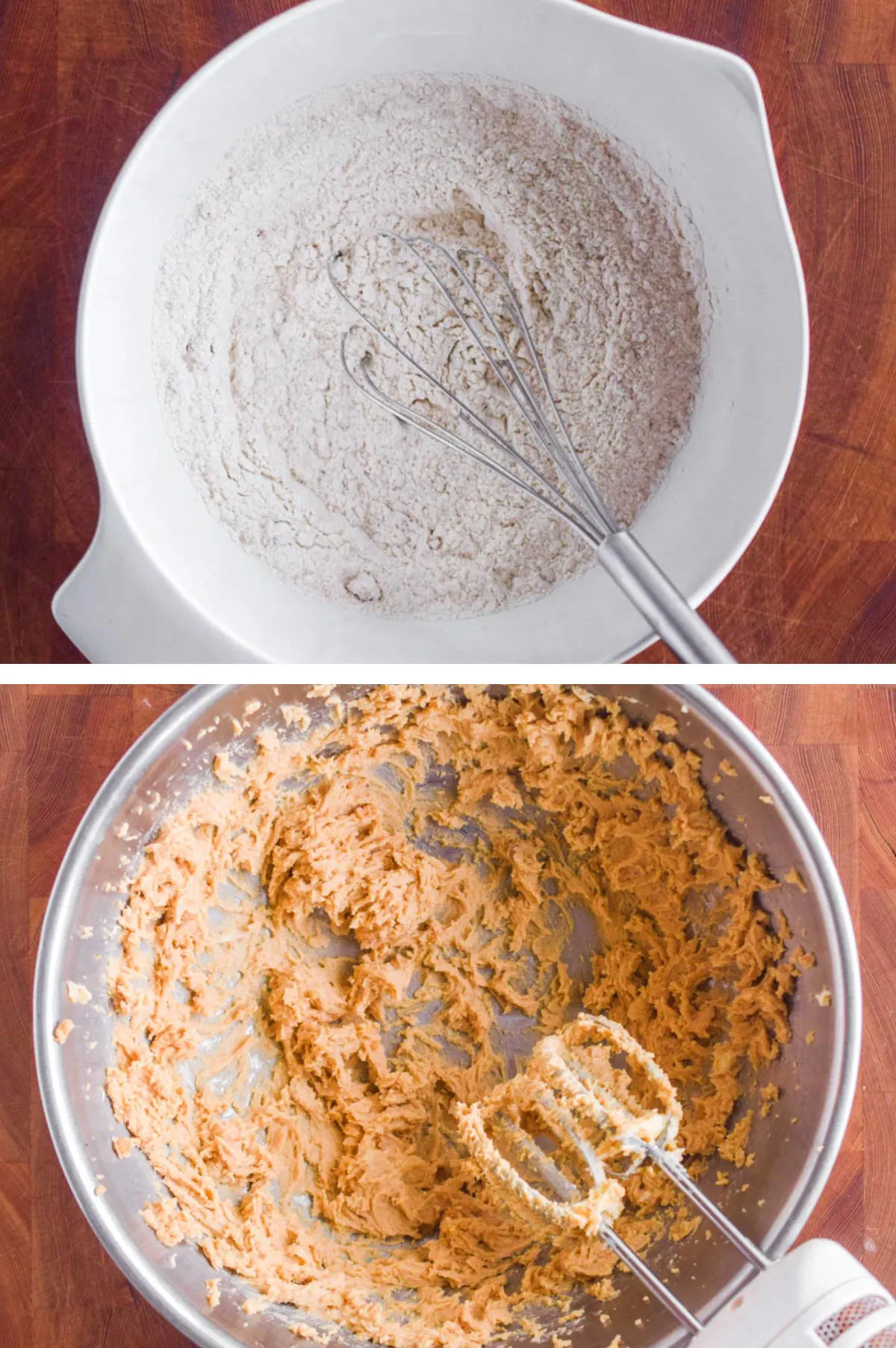 Two overhead images in one: 1. Dry ingredients are added and mixed in a large bowl. 2. Butter and sugar are mixed in a separate bowl. 