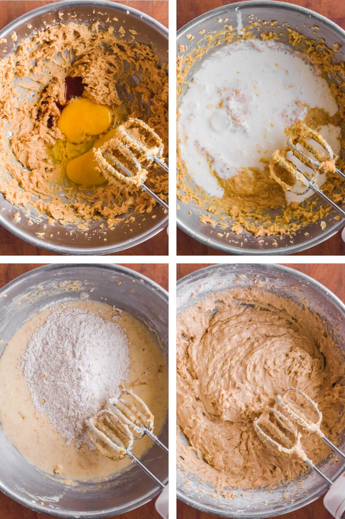 Four overhead images in one: 1. Eggs and vanilla are added to the butter and sugar mixture. 2. Buttermilk is added and mixed. 3. Half the dry ingredients are added. 4. Second half of dry ingredients added and mixed with a hand mixer. 