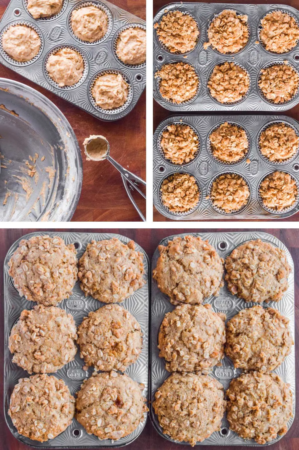 Three overhead images in one: 1. Batter is added to a muffin tray with a cookie scoop. 2. All muffin tins are full with batter. 3. Twelve muffins in trays are cooked. 