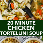 A pot of 20 minute chicken tortellini soup with a soup ladle