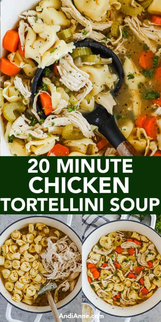 A pot of 20 minute chicken tortellini soup with a soup ladle