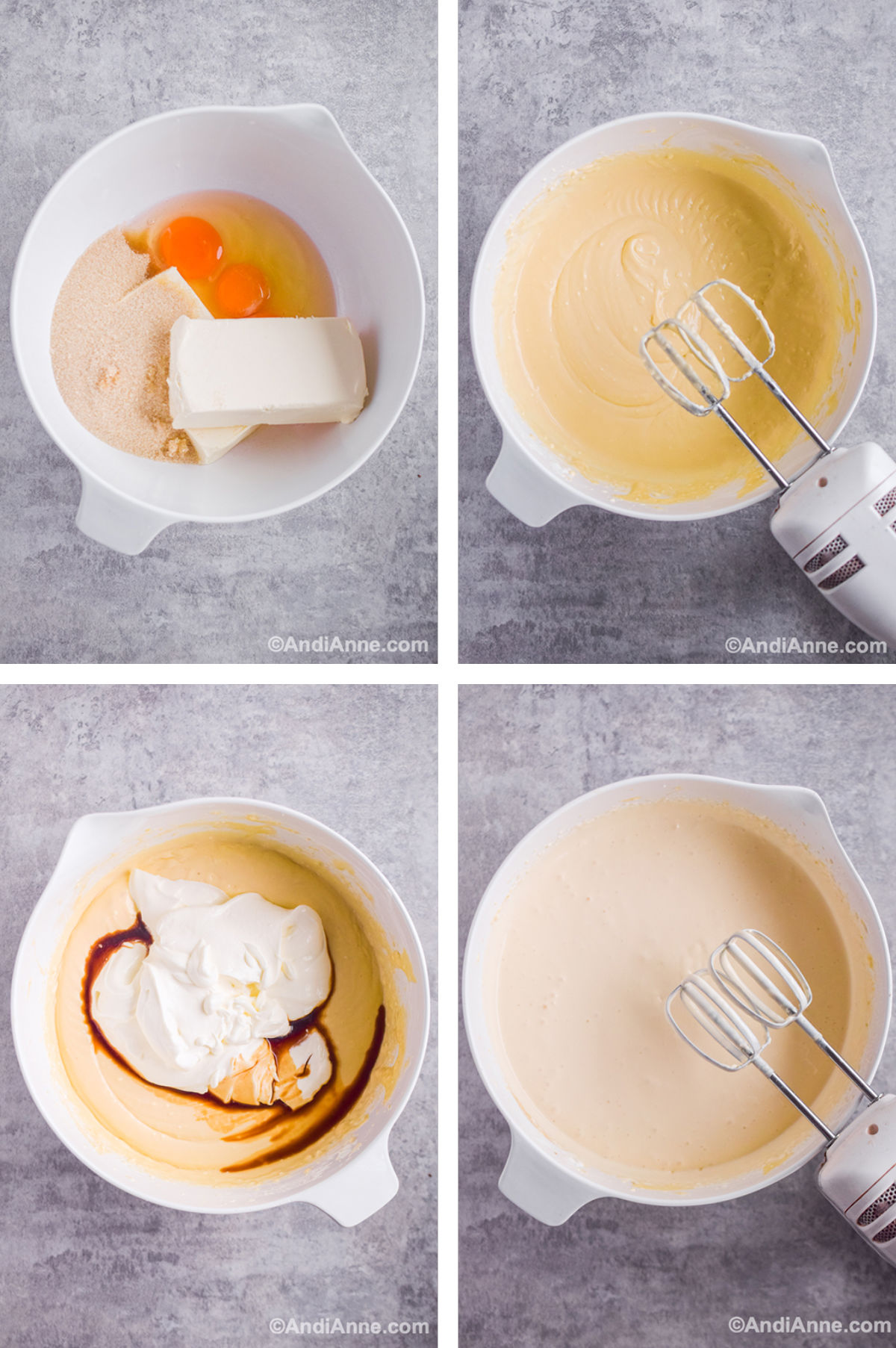 Four overhead images in one: 1. Softened cream cheese, eggs and sugar added to a separate bowl. 2. Ingredients are mixed. 3. Sour cream and vanilla are added. 4. Ingredients are mixed. 