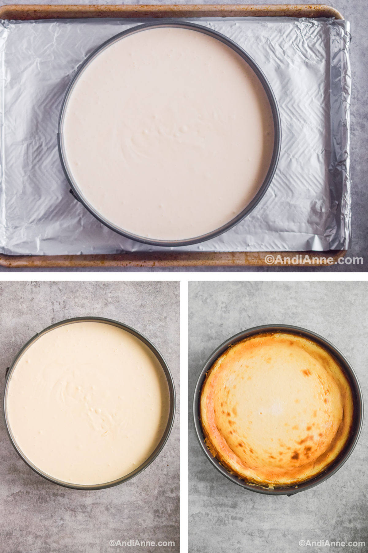 Three overhead images in one: 1. Pan is placed on baking sheet with foil and the cream cheese filling is poured in. 2. Pan is ready to go in oven. 3. Pan is out of oven, cheese cake is cooked. 