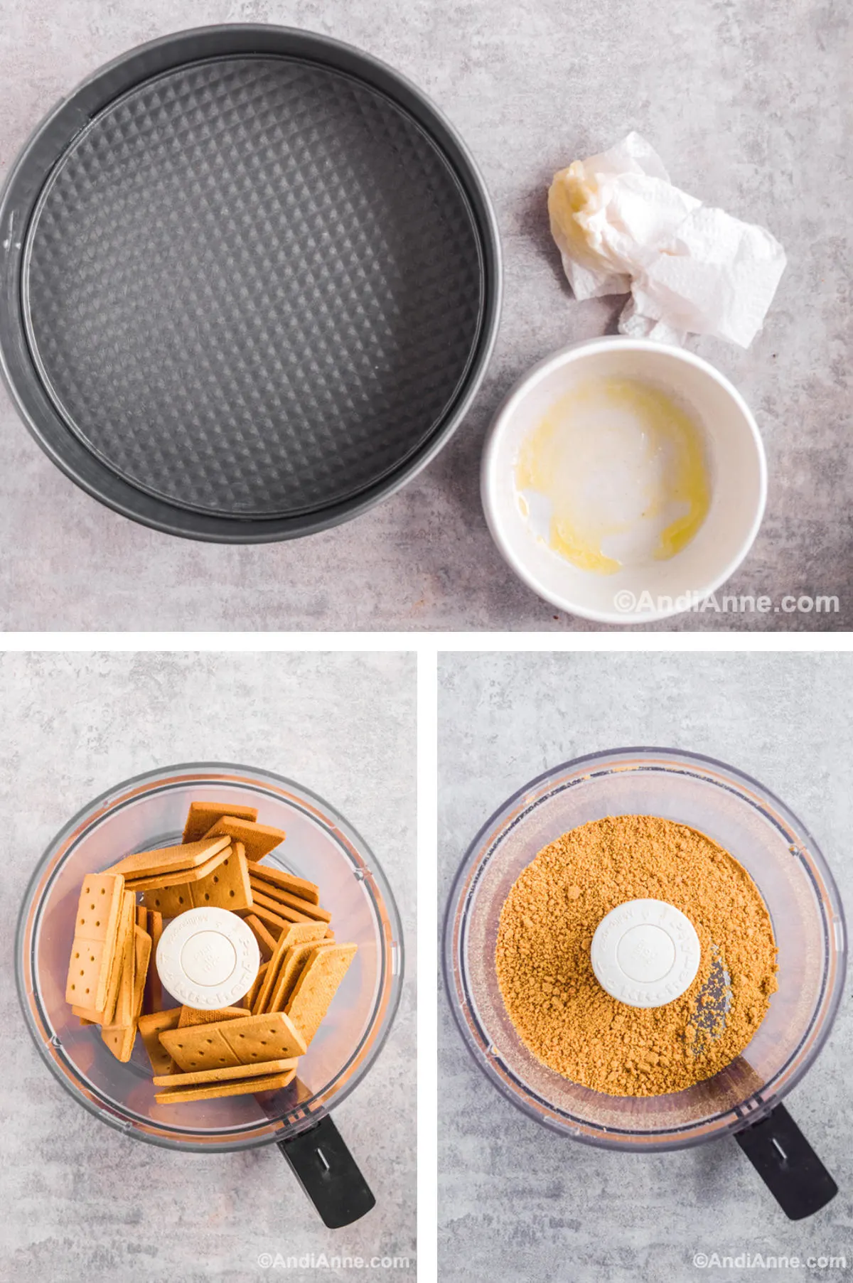 Three overhead images in one: 1. Springform pan greased with butter. 2. Graham crackers in a food processor. 3. Graham crumbs in a food processor. 