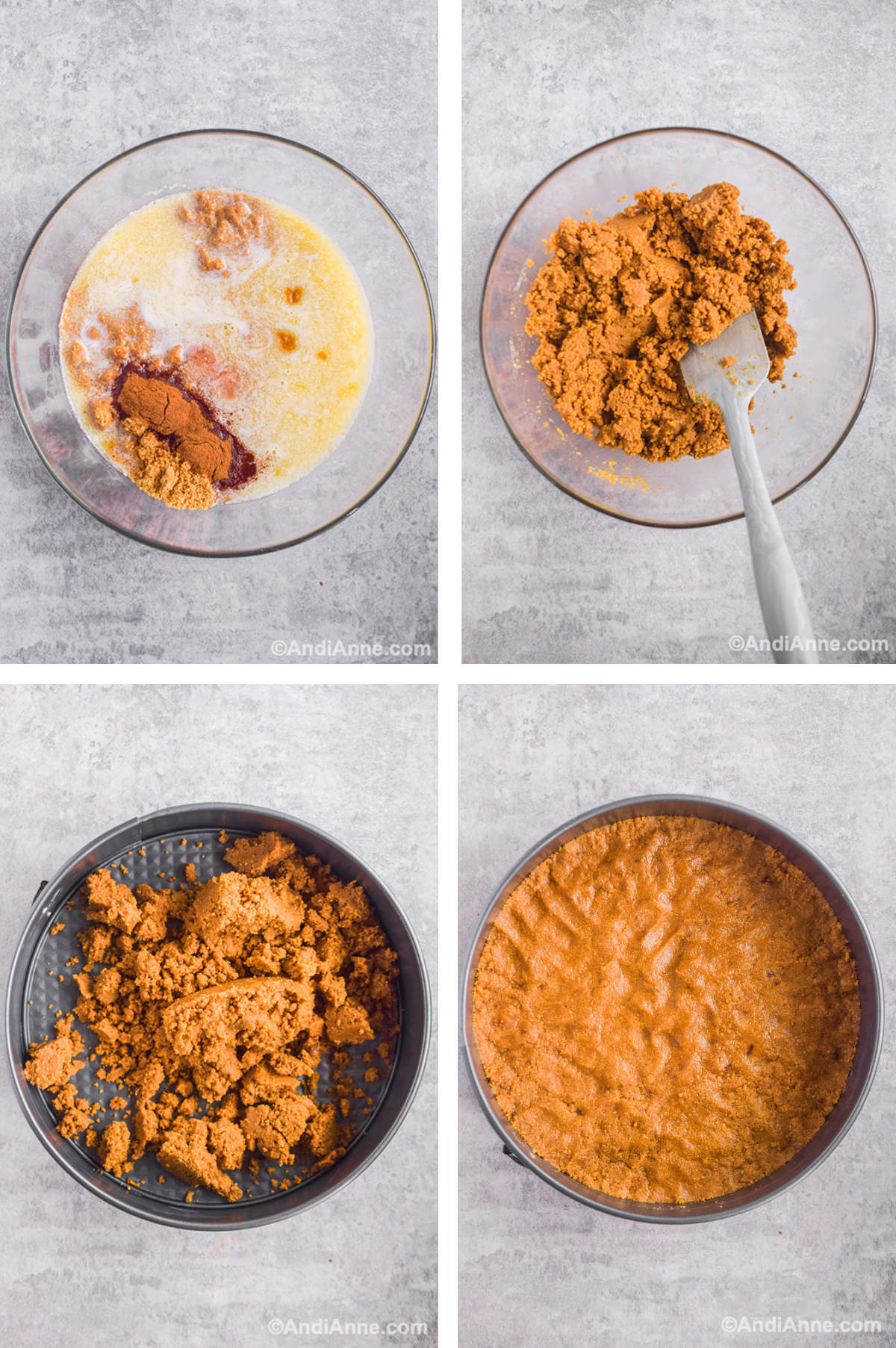 Four overhead images in one: 1. Graham crumbs, cinnamon, salt and melted butter added to a glass bowl. 2. Ingredients are mixed. 3. Ingredients are added to springform pan. 4. Ingredients are pressed into an even layer in the pan. 