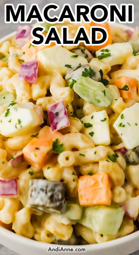 Close up of a bowl of macaroni salad