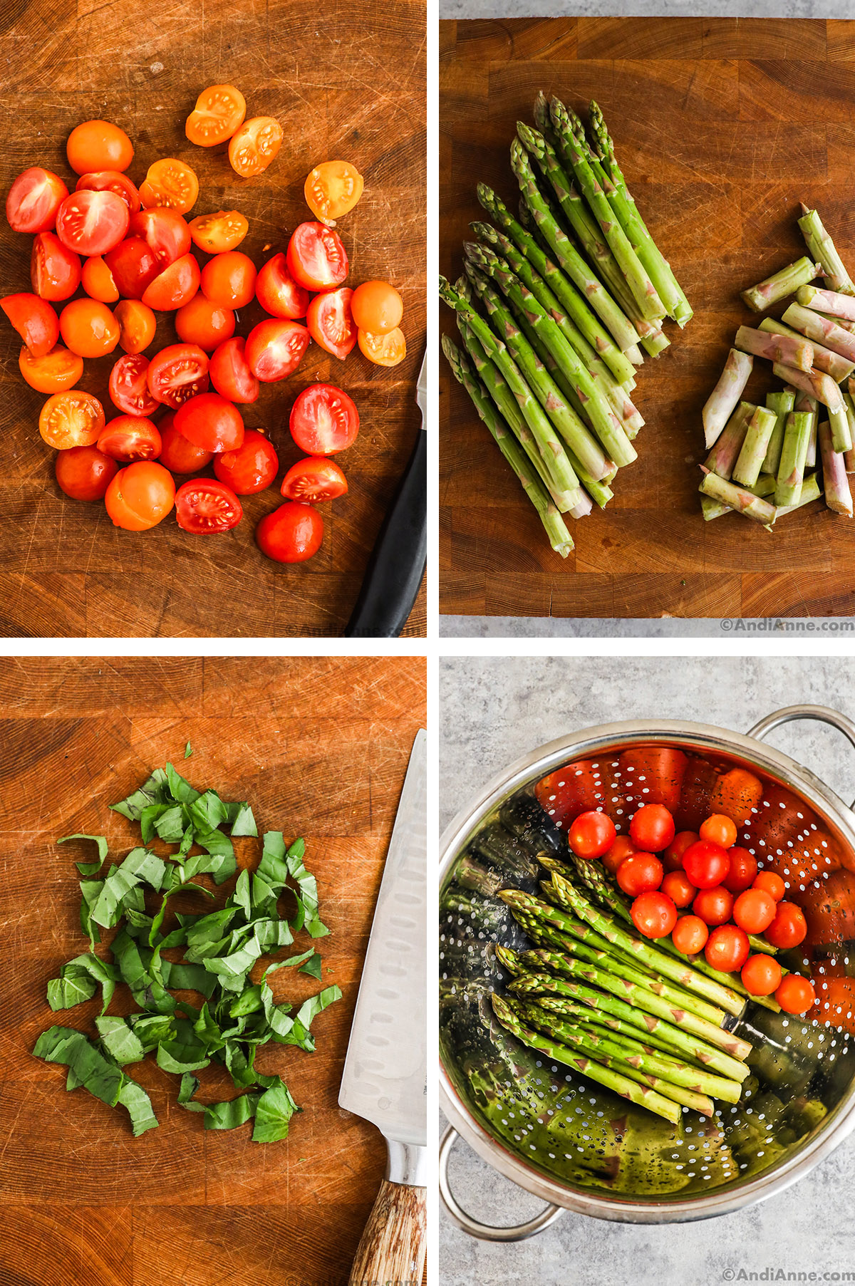 Four images grouped together. First is sliced cherry tomatoes, sliced asparagus, sliced basil, and a strainer with asparagus and cherry tomatoes inside