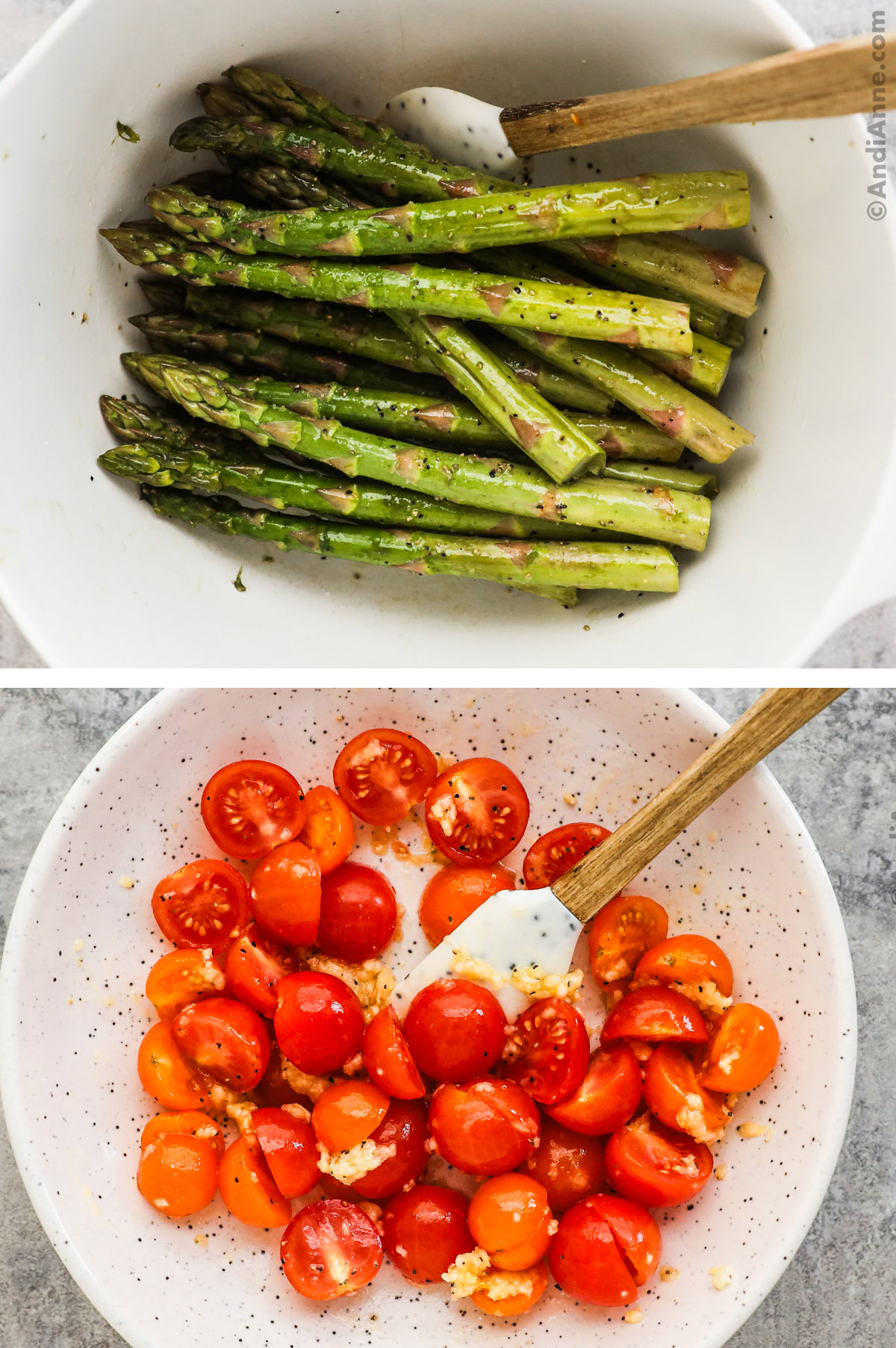 Bowls of seasoned asparagus, and sliced seasoned cherry tomatoes