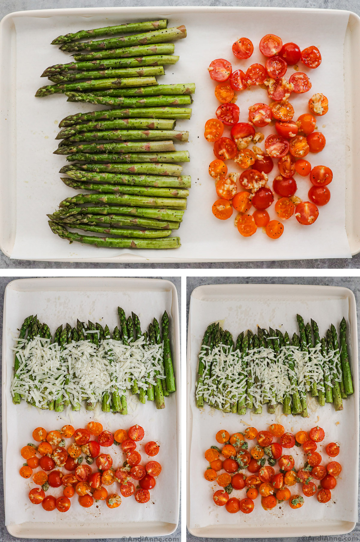 Three images of a baking sheet. First with asparagus on one side. and Sliced cherry tomatoes on another side. Sprinkled parmesan cheese over asparagus on third and fourth images