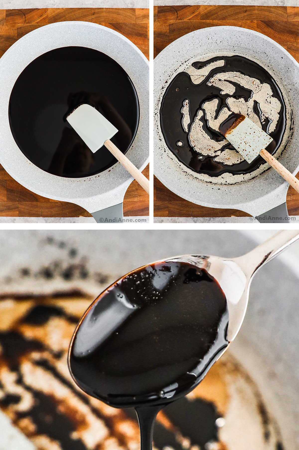 Three images, first two of balsamic reduction in frying pan, third image is a spoon coating the balsamic reduction