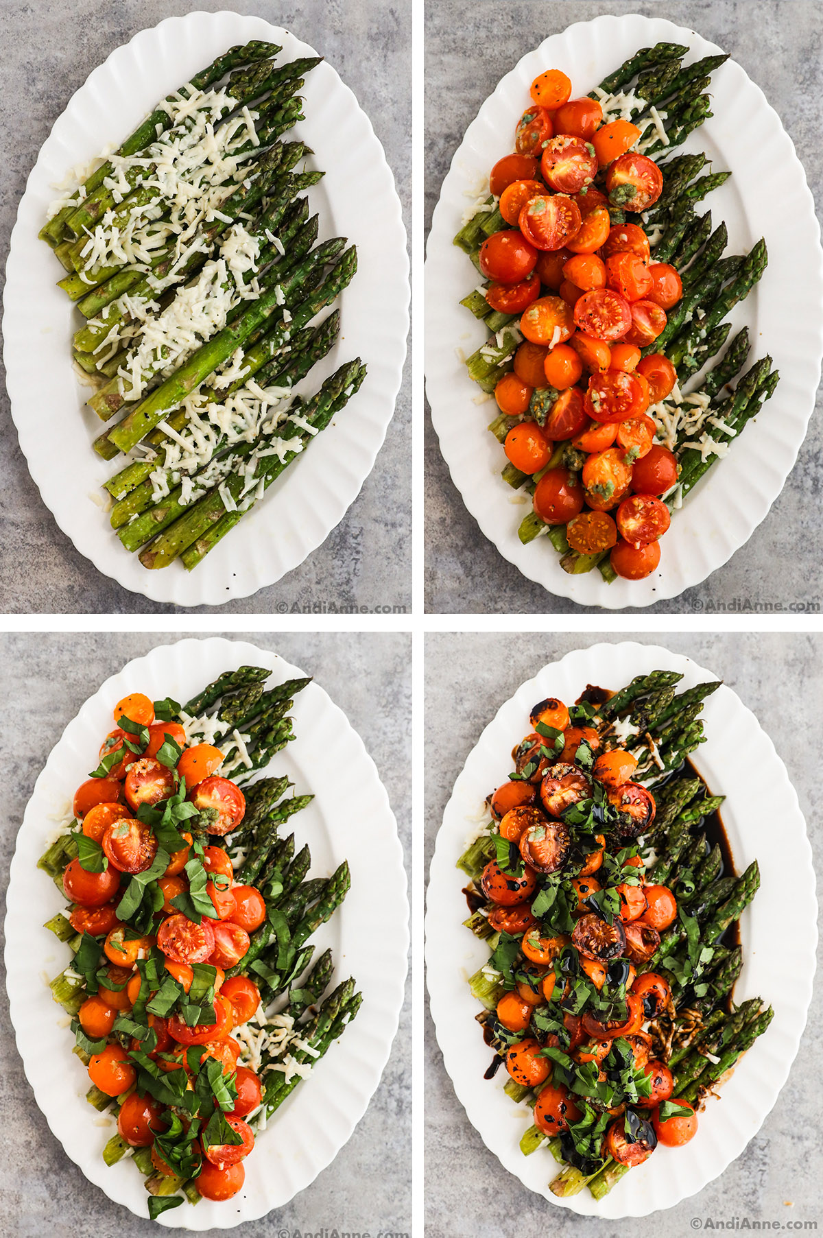 Four images showing how to assemble the recipe on a white oval dish. First is asparagus with parmesan cheese, second has cherry tomatoes on top, Third has fresh basil sprinkled on top, fourth has balsamic reduction poured on top of everything