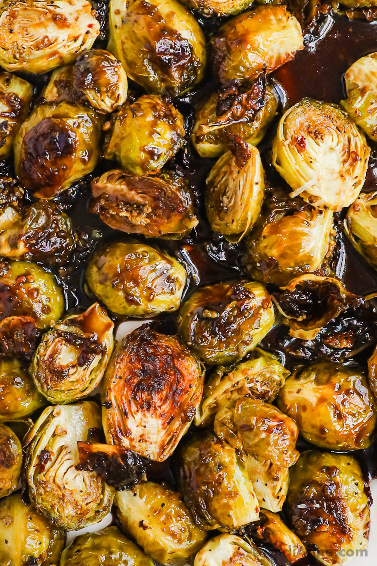 Close up of honey balsamic brussels sprouts