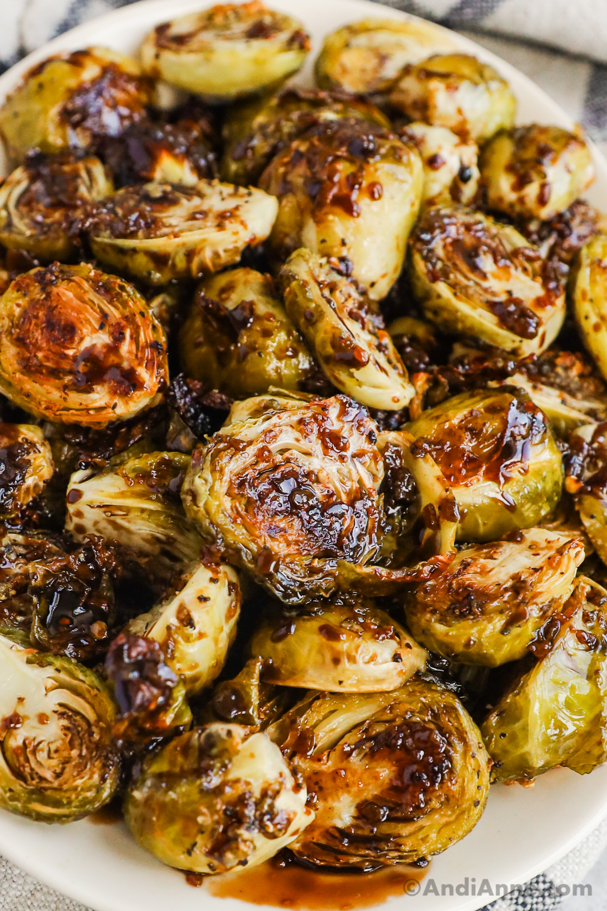 Close up of honey balsamic brussels sprouts