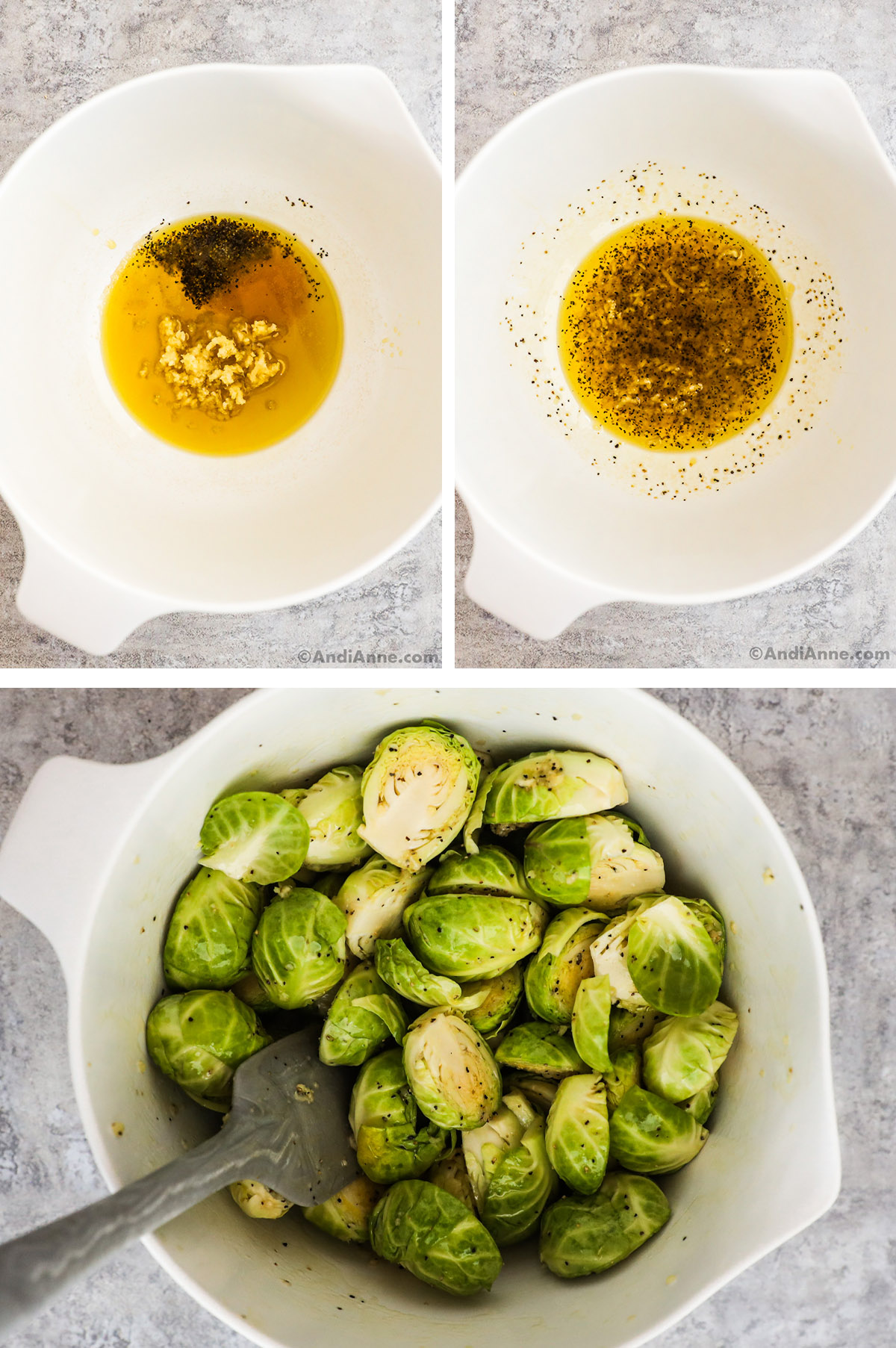 Three images of white bowl, first two are oil, minced garlic, salt and pepper first unmixed then mixed. Third is Sliced brussels sprouts tossed with the seasonings in the same bowl.