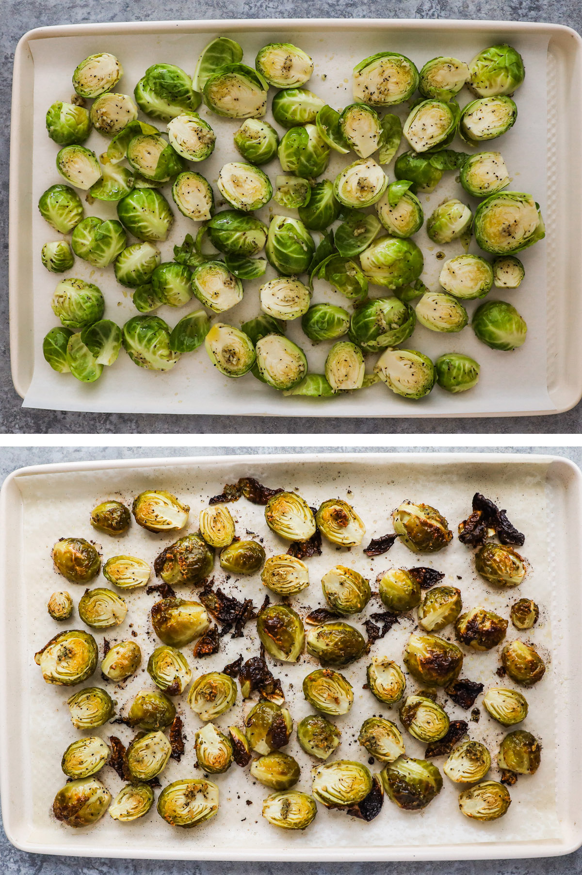 Two images of brussels sprouts on a baking sheet, first raw, then cooked and crispy.