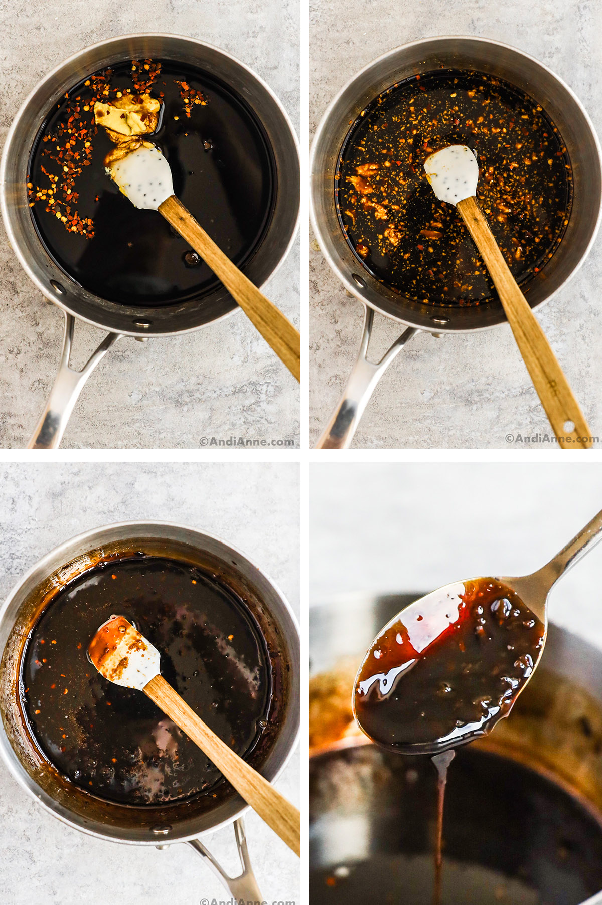 Four images of a sauce pan with balsamic glaze ingredients in various stages of cooking. 