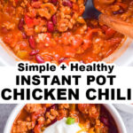 An instant pot with chicken recipe inside, and a serving bowl of chili topped with cheese, sour cream and scallions