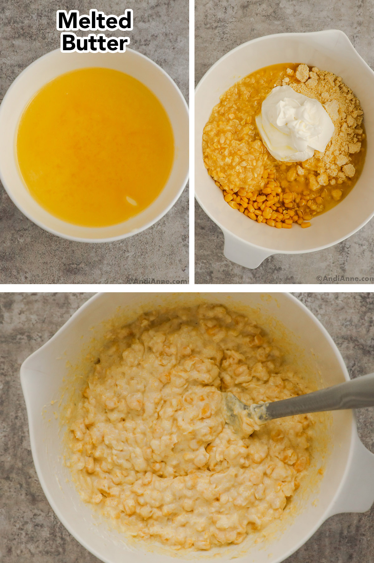 Three images grouped together. First is bowl of melted butter, second is various canned corn, jiffy corn powder mix, and sour cream dumped in bowl. Last image is all ingredients mixed together.