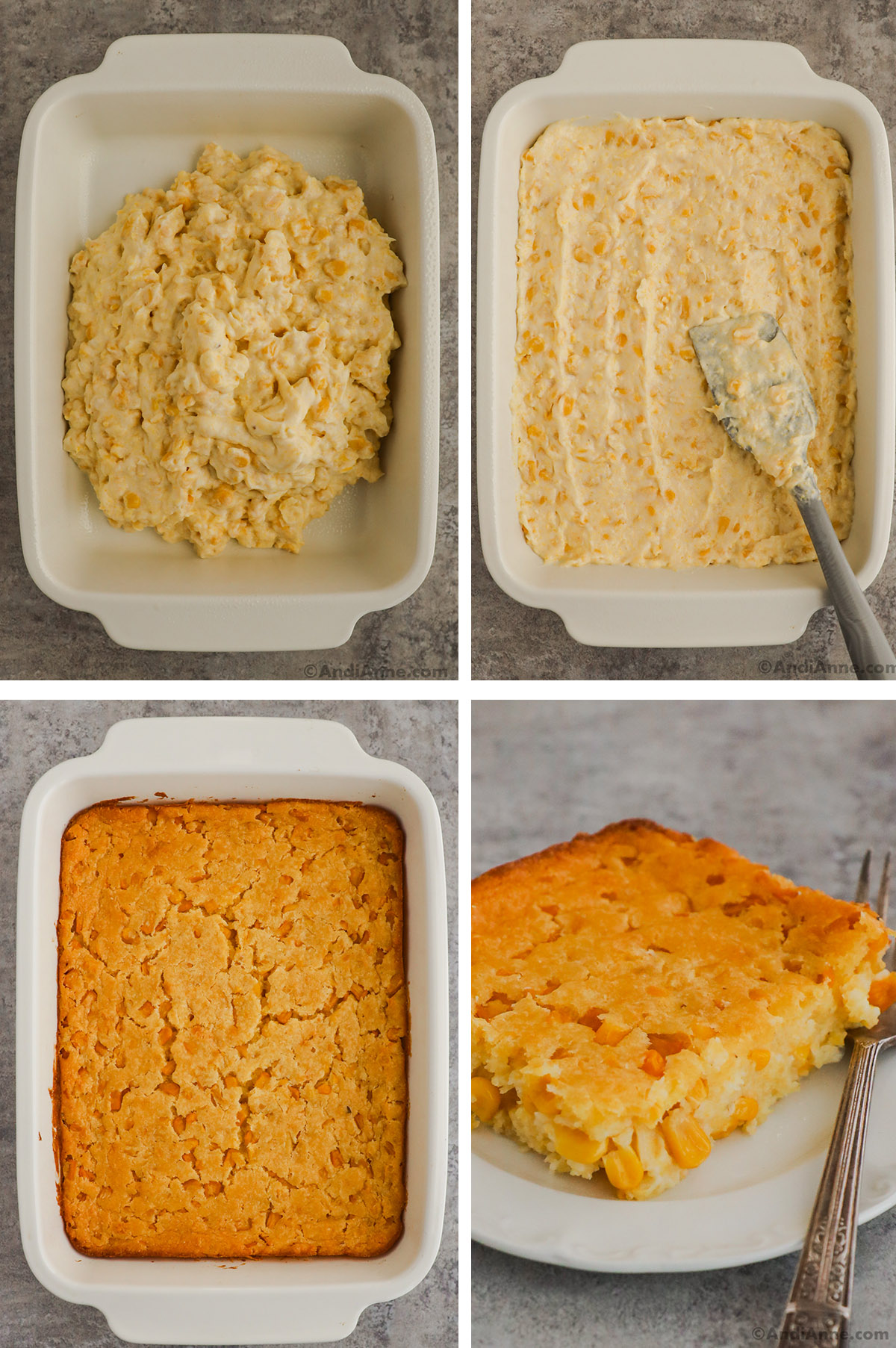 Four images grouped together, First two are unbaked jiffy corn casserole mixture, first dumped in casserole dish, then spread with a spatula. Third is baked jiffy corn casserole in white dish, fourth is sliced serving of jiffy corn casserole