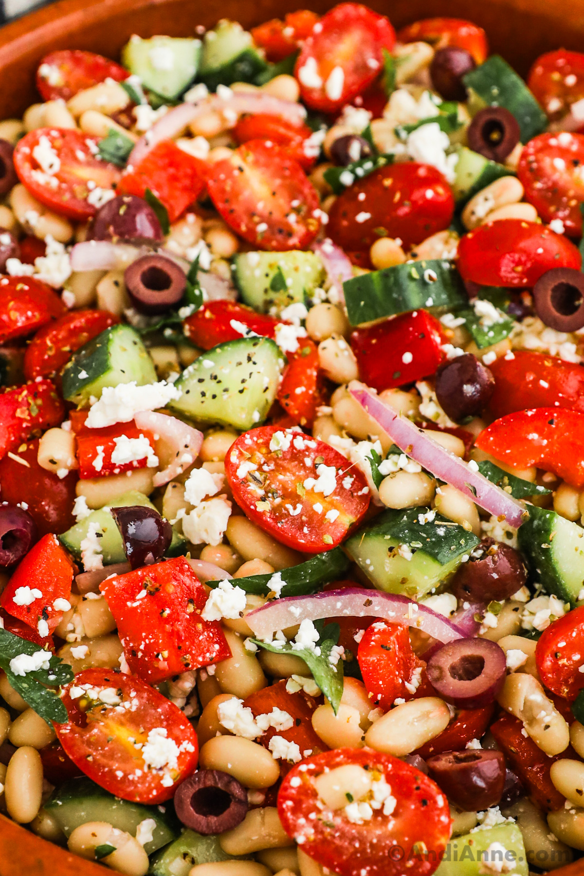 Close up of chopped tomatoes, cucumber, beans and red onion in mediterranean salad