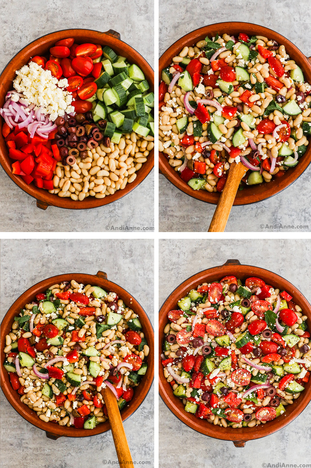 Four images of a large bowl. First is chopped vegetables and beans organized and unmixed, second is ingredients mixed, third has dressing dumped on top. Fourth is all salad ingredients tossed together.