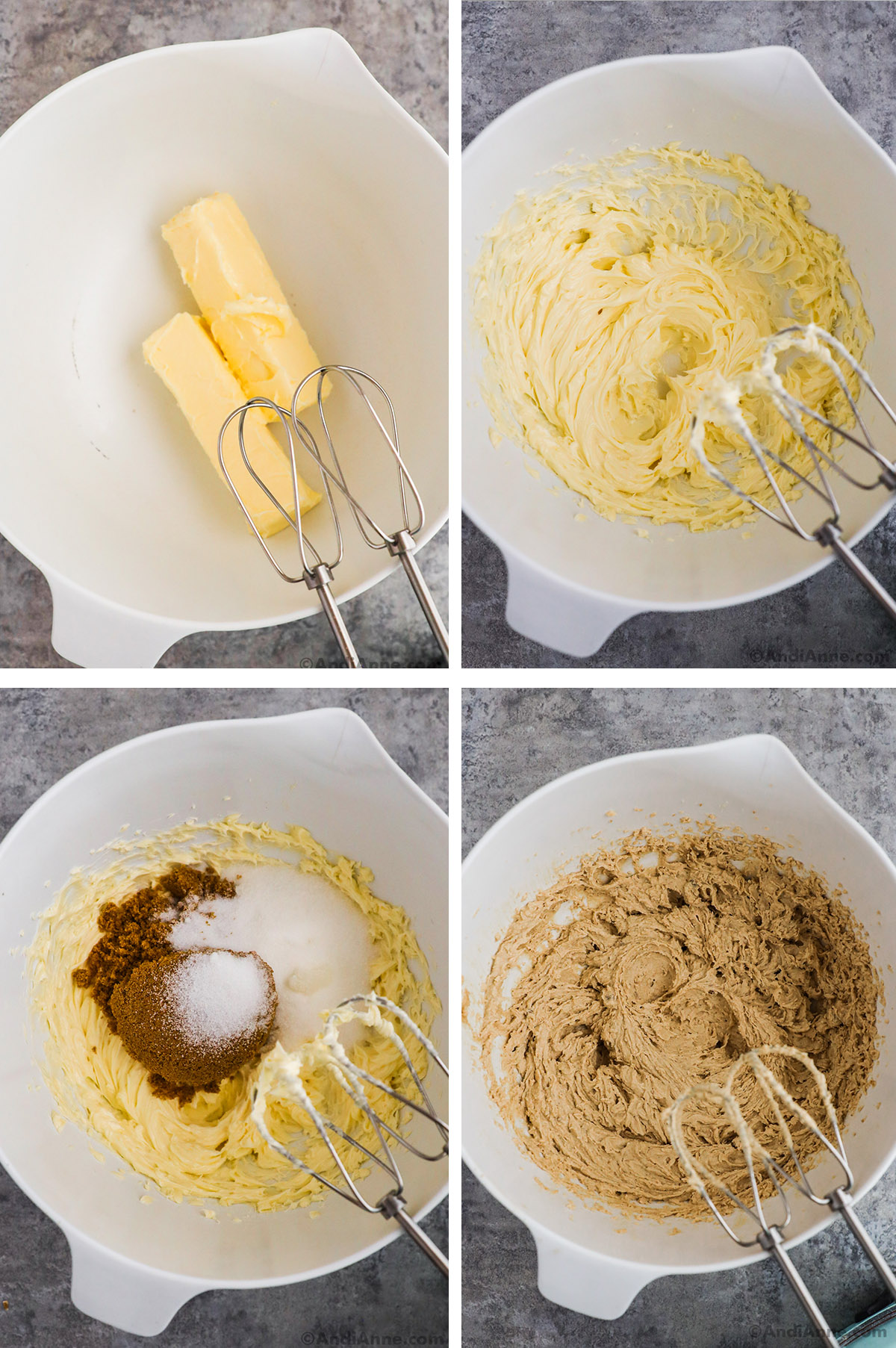 Four images grouped of a bowl with hand mixer. First with two sticks of butter, second with creamed butter, third with brown sugar and white sugar dumped over top. Fourth with creamed sugar in butter