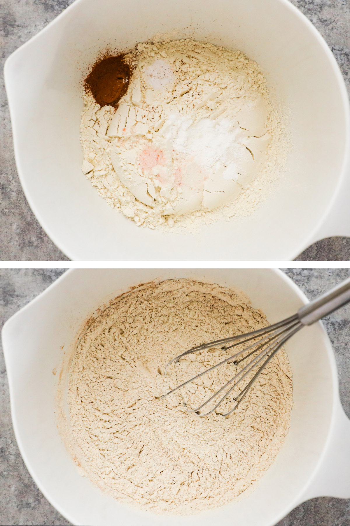 Two images of a bowl with dry ingredients, first unmixed, second mixed.