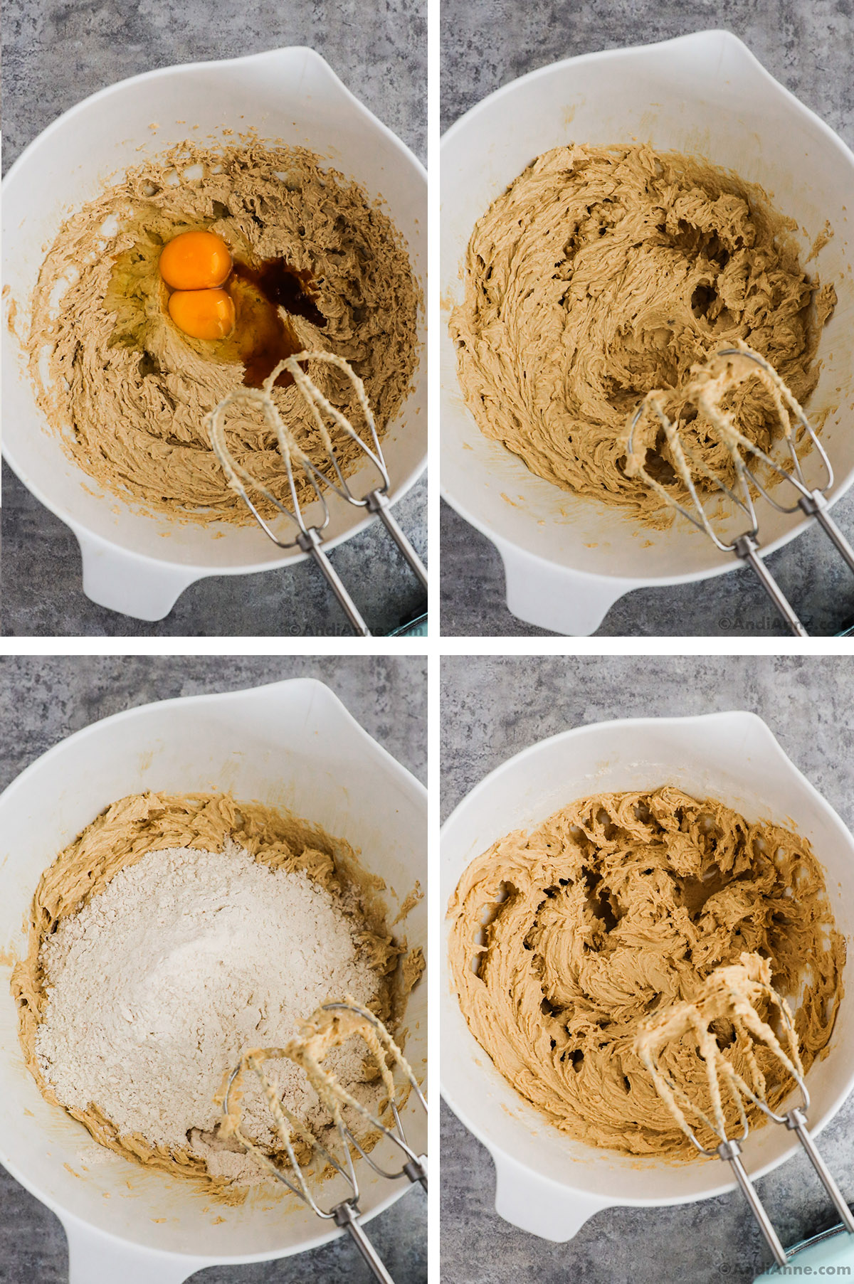 Four images grouped together of a bowl with hand mjxer. First is creamed butter with eggs and vanilla extract, second with creamed mixture, third with flour dumped on top, fourth with brown colored cookie dough 