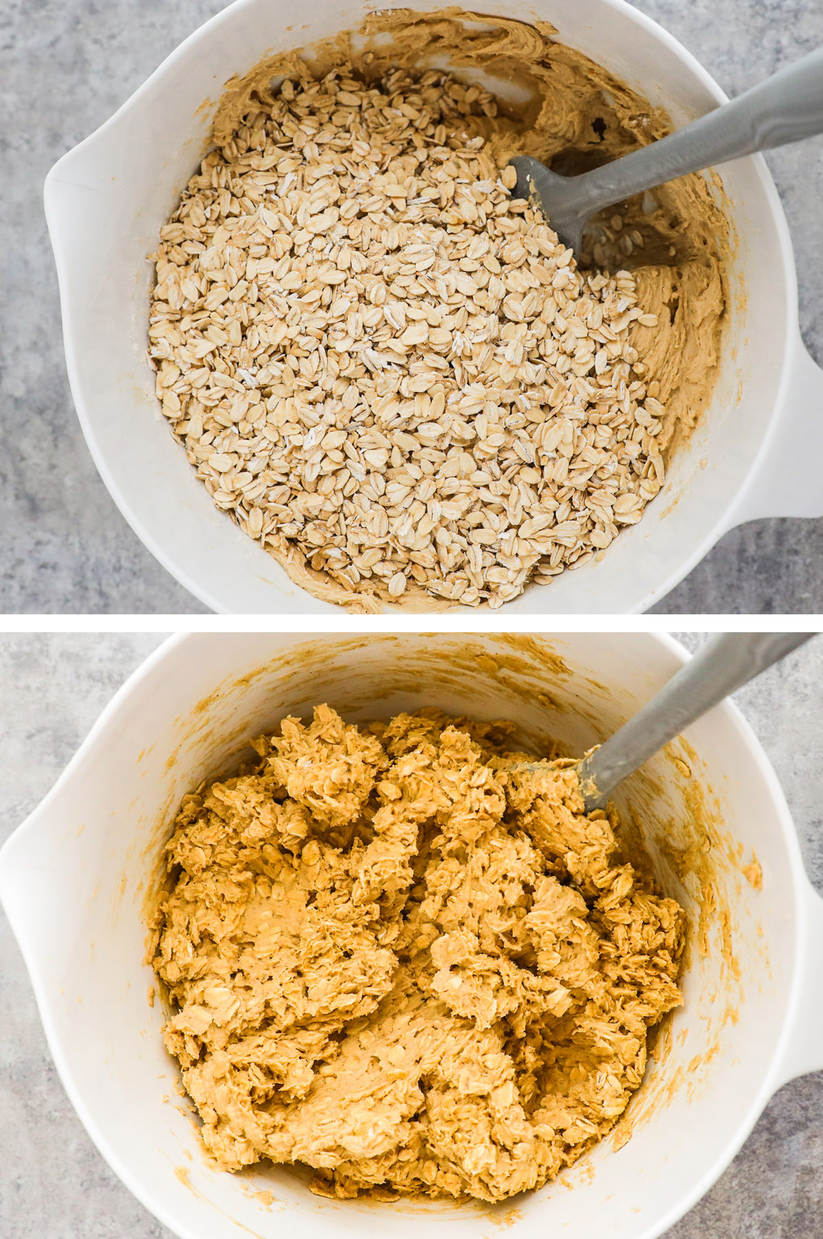 Bowl of cookie dough with rolled oats dumped on top and a spatula. Second image is oatmeal cookie dough in a bowl