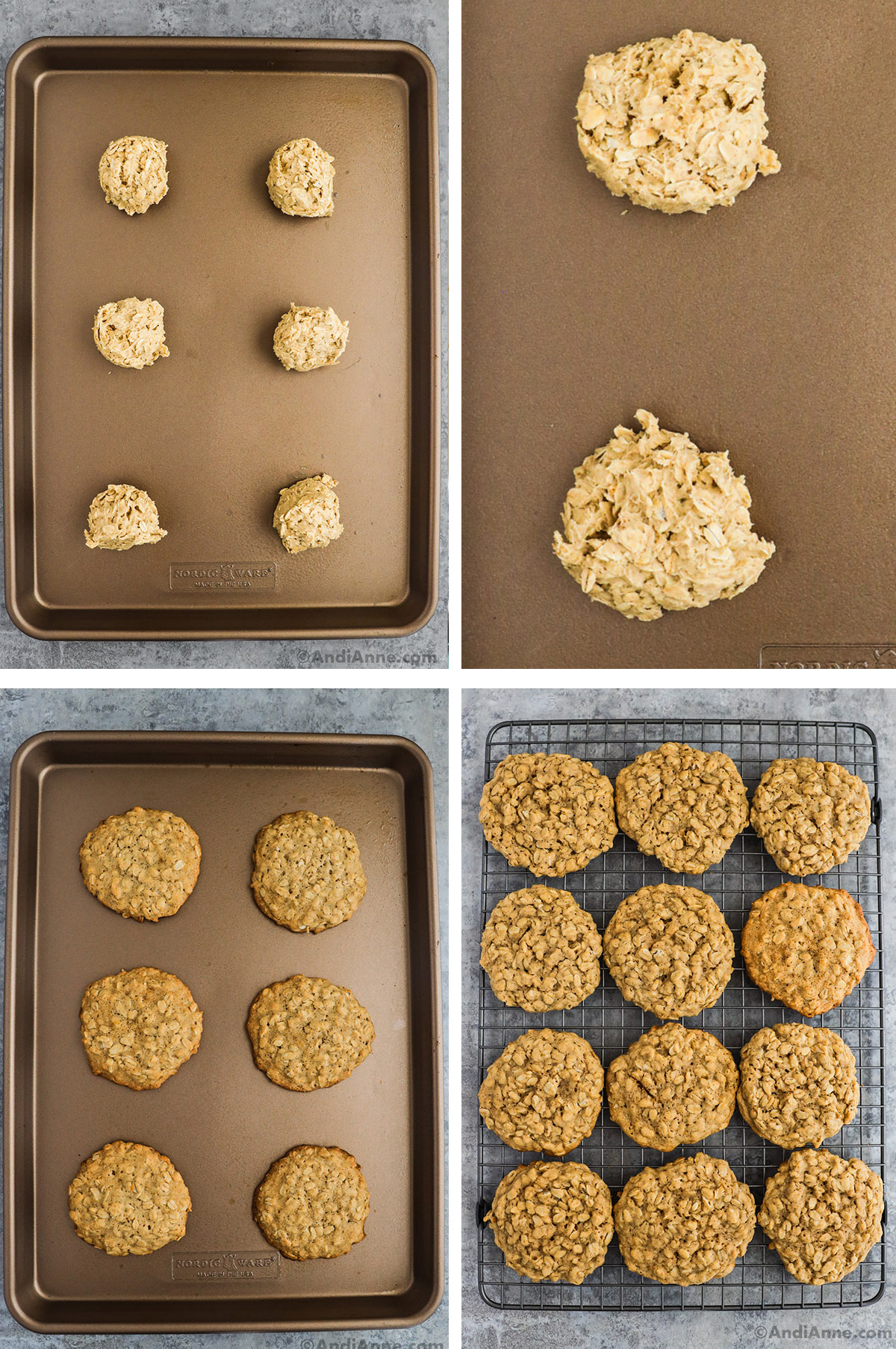 Four images of baking sheet. FIrst two are oatmeal cookie dough balls on sheet, third is baked oatmeal cookies on sheet, fourth is cookies on cooling rack