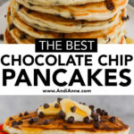 A stack of chocolate chip pancakes, topped with butter, maple syrup and mini chocolate chips