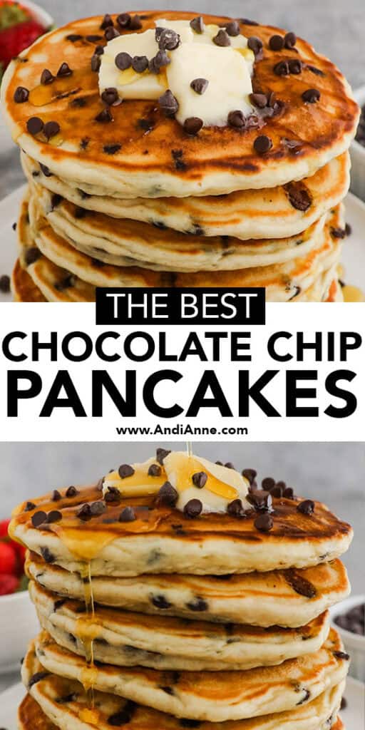 A stack of chocolate chip pancakes, topped with butter, maple syrup and mini chocolate chips