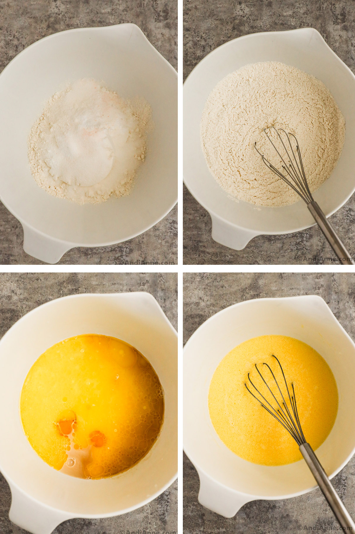 Four images grouped together. First two are dry ingredients unmixed then mixed with whisk. Last two are wet ingredients unmixed then mixed.