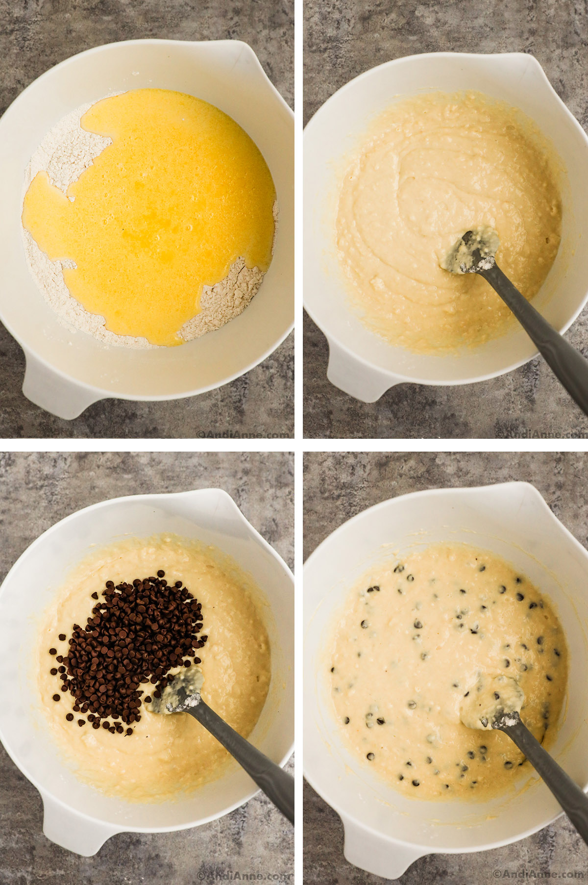 Four images grouped together. First is wet ingredients poured on top of dry ingredients in a bowl, second is lumpy pancake batter with spatula. Third is mini chocolate chips poured on top of batter, fourth is chocolate chips mixed into batter