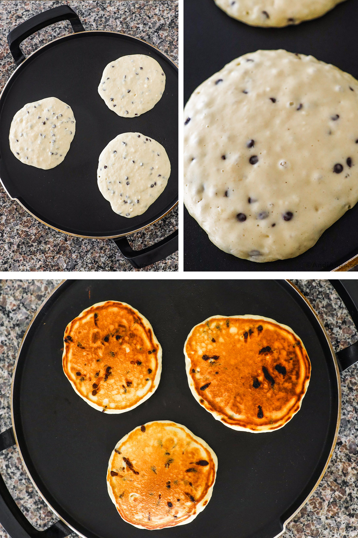 Three images grouped together of an electric griddle. First and second are raw pancakes on griddle with tiny bubbles. Last image is golden brown pancakes.