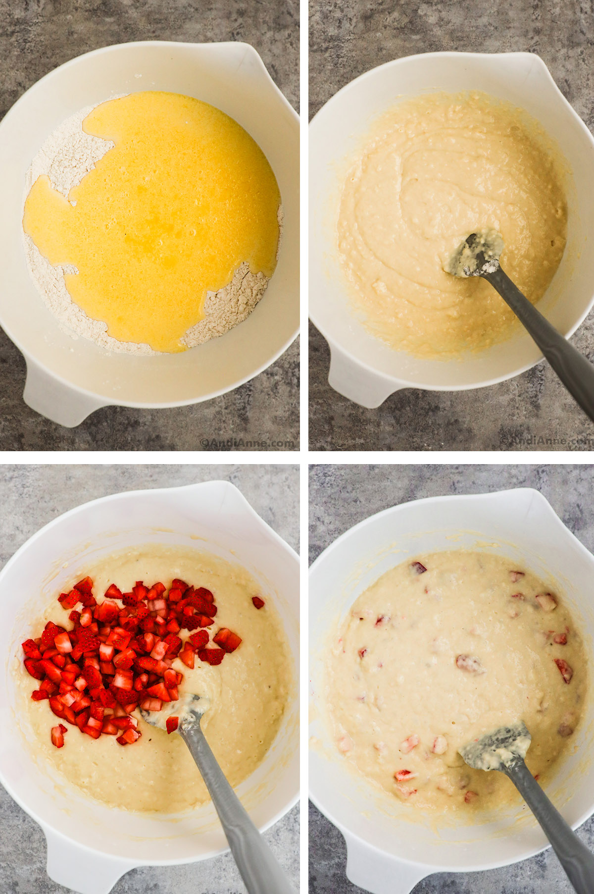 Four images grouped together. First is wet ingredients dumped over dry ingredients, second is lumpy pancake batter, third is strawberries added to batter, fourth is batter and strawberries mixed together