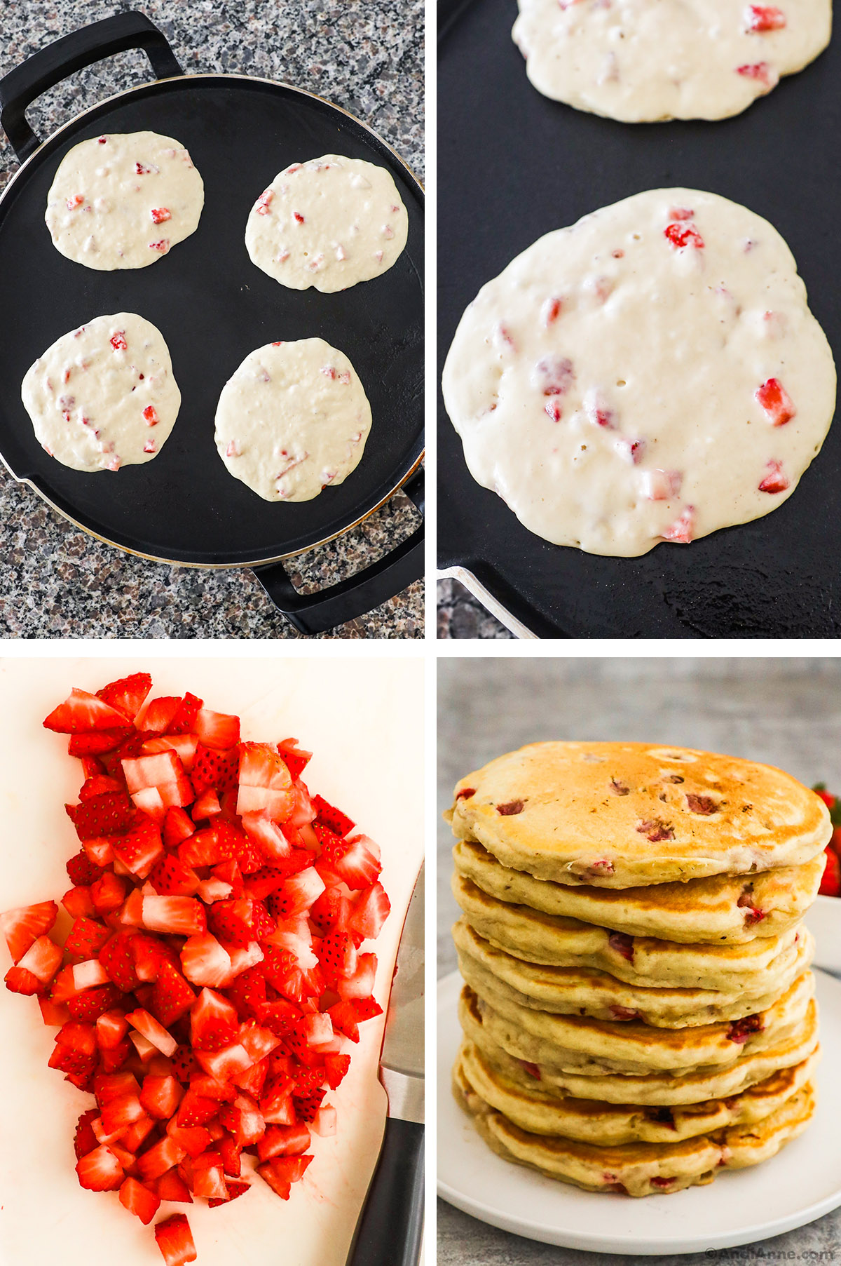 Four images grouped together. First two are an electric griddle with uncooked strawberry pancakes, third is close up diced strawberries, fourth is a stack of golden strawberry pancakes.