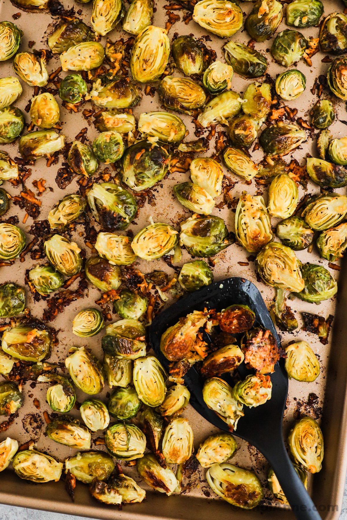 Close up of crispy roasted brussels sprouts with pamesan cheese