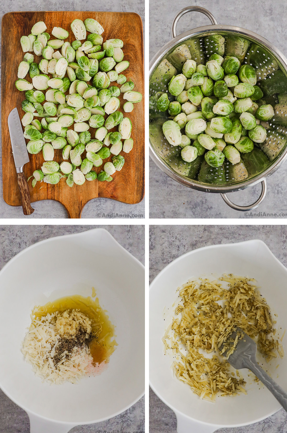 Four images grouped together. First is sliced brussels sprouts, second is them in a strainer, third  and fourth are bowl of parmesan cheese and seasonings first unmixed then mixed.